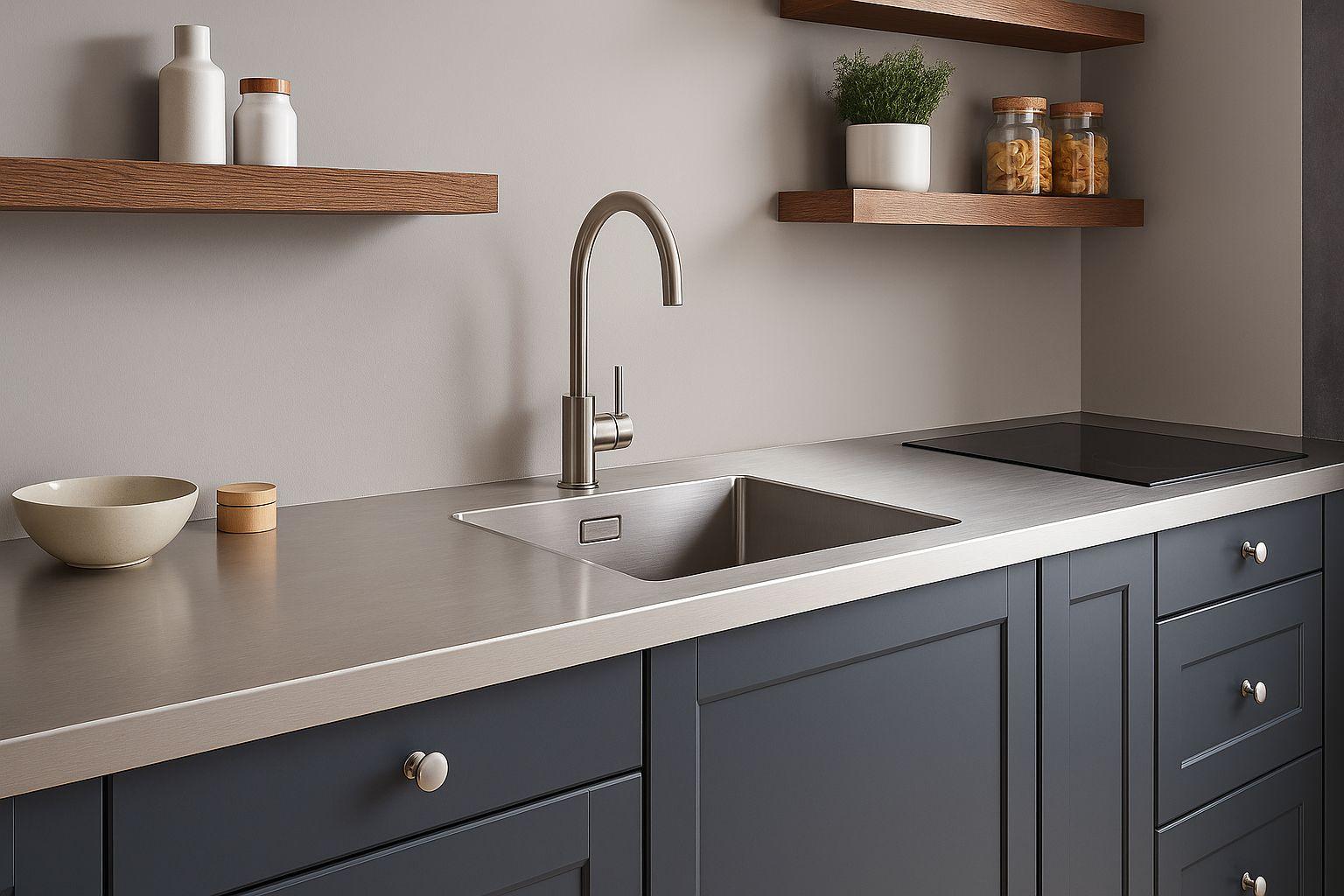 Moderne Küche mit Edelstahl-Arbeitsplatte kombiniert mit Holzfronten und offenen Regalen im Industrial-Stil.